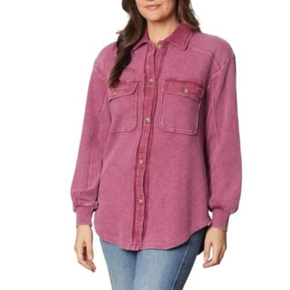 Briggs NWT Women's Relaxed Fit Button Long Sleeve Waffle Shirt Dark Pink